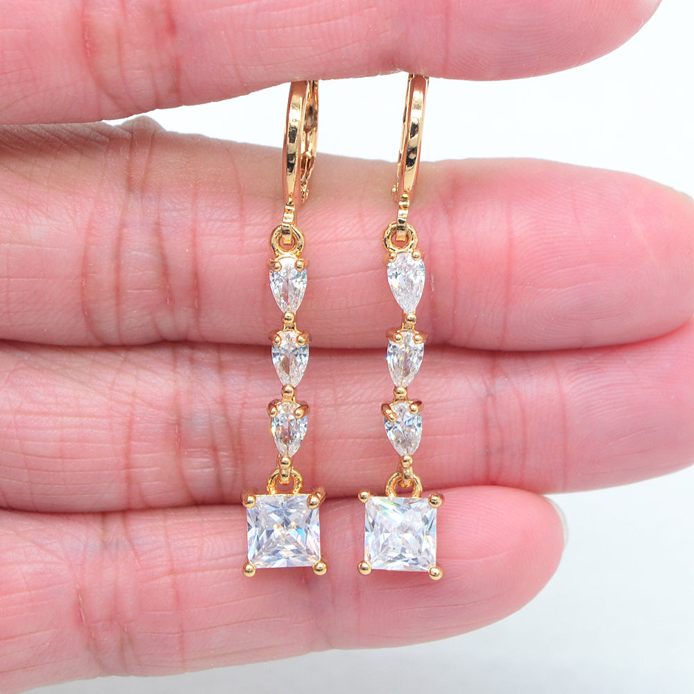 Wholesale Gold Plated Women Clear Zircon CZ Square Dangle Earrings Jewelry
