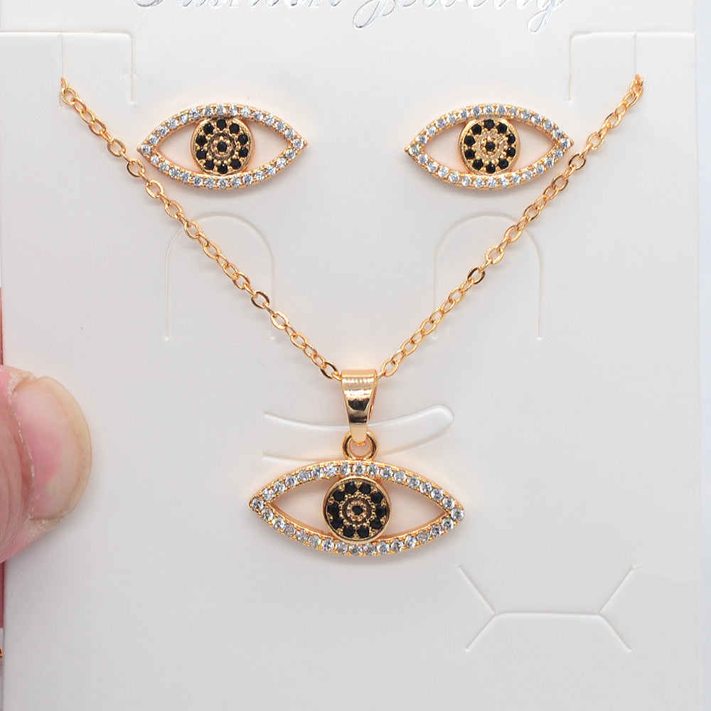Wholesale Gold Plated Women Black Zircon CZ Evil Eye Jewelry Set