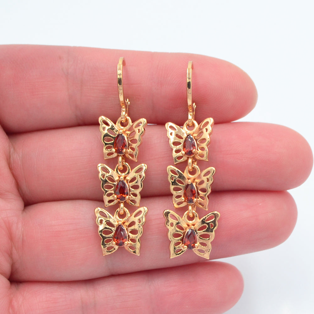 Wholesale Gold Plated Women Red Cubic Zirconia CZ Butterfly Dangle Earrings Jewelry