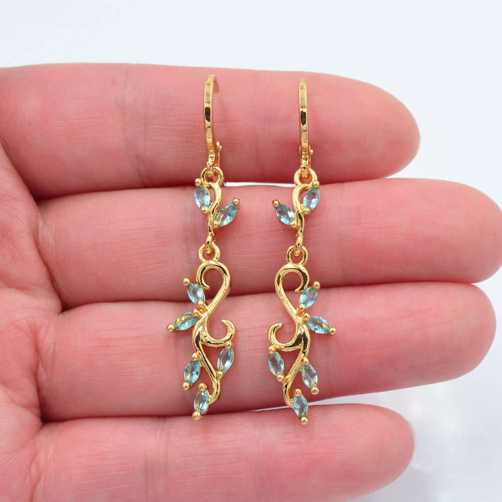Wholesale Gold Plated Women Lake Blue Cubic Zirconia CZ Artistic Aesthetic Dangle Earrings Jewelry