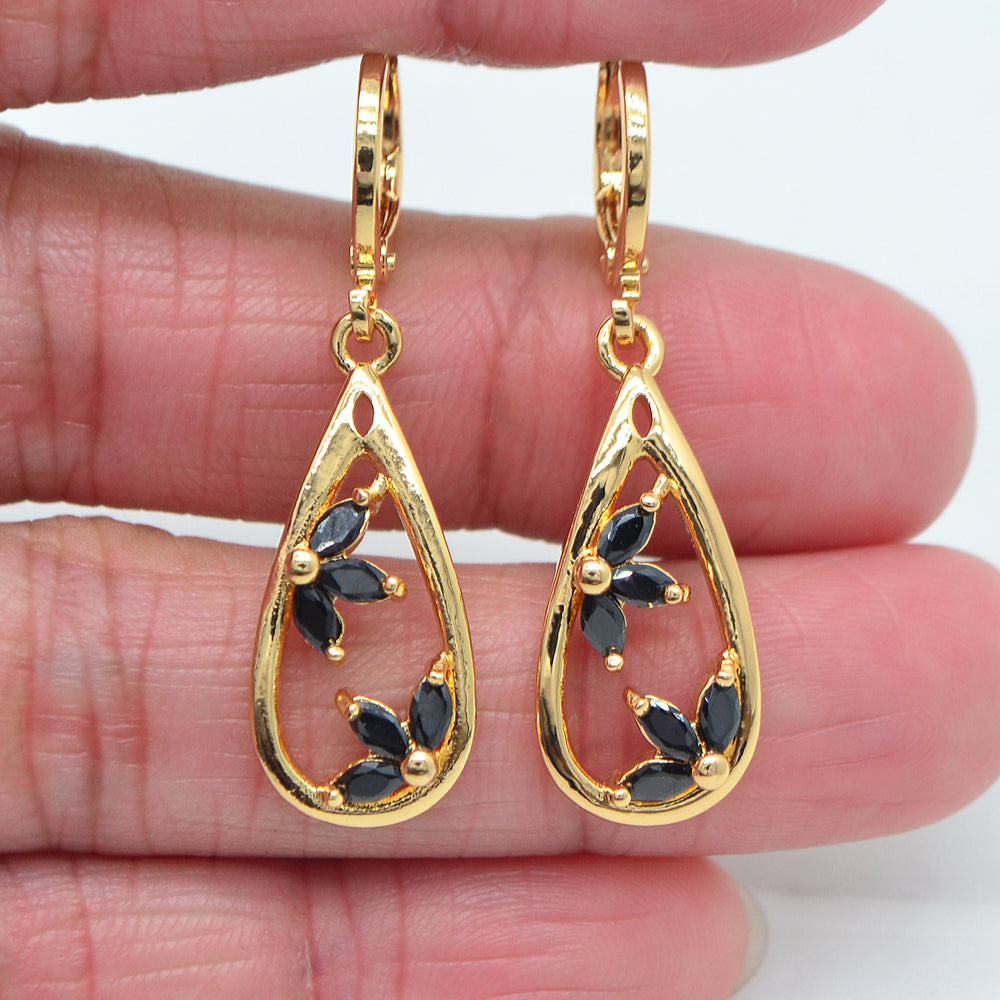 Wholesale Gold Plated Women Black Cubic Zirconia CZ Teardrop Dangle Earrings Jewelry