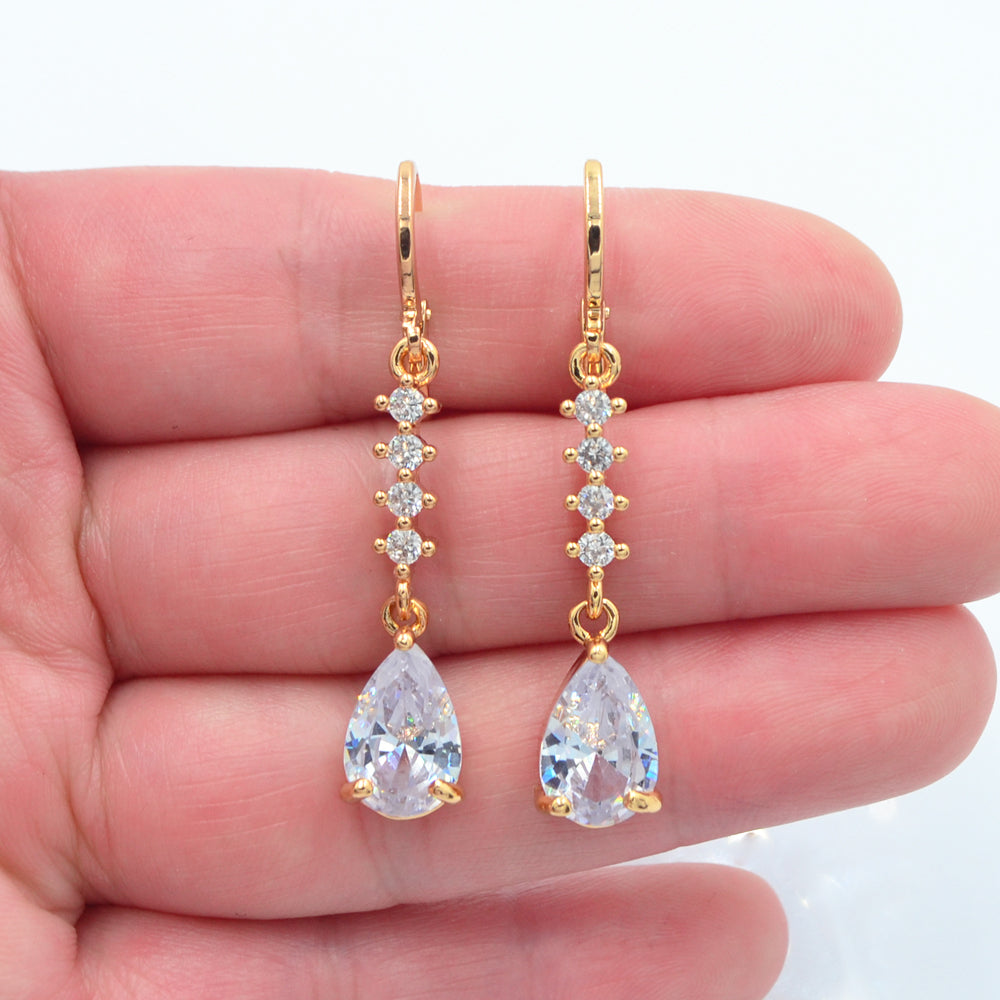 Wholesale Gold Plated Women Clear Zircon Teardrop Dangle Earrings Jewelry