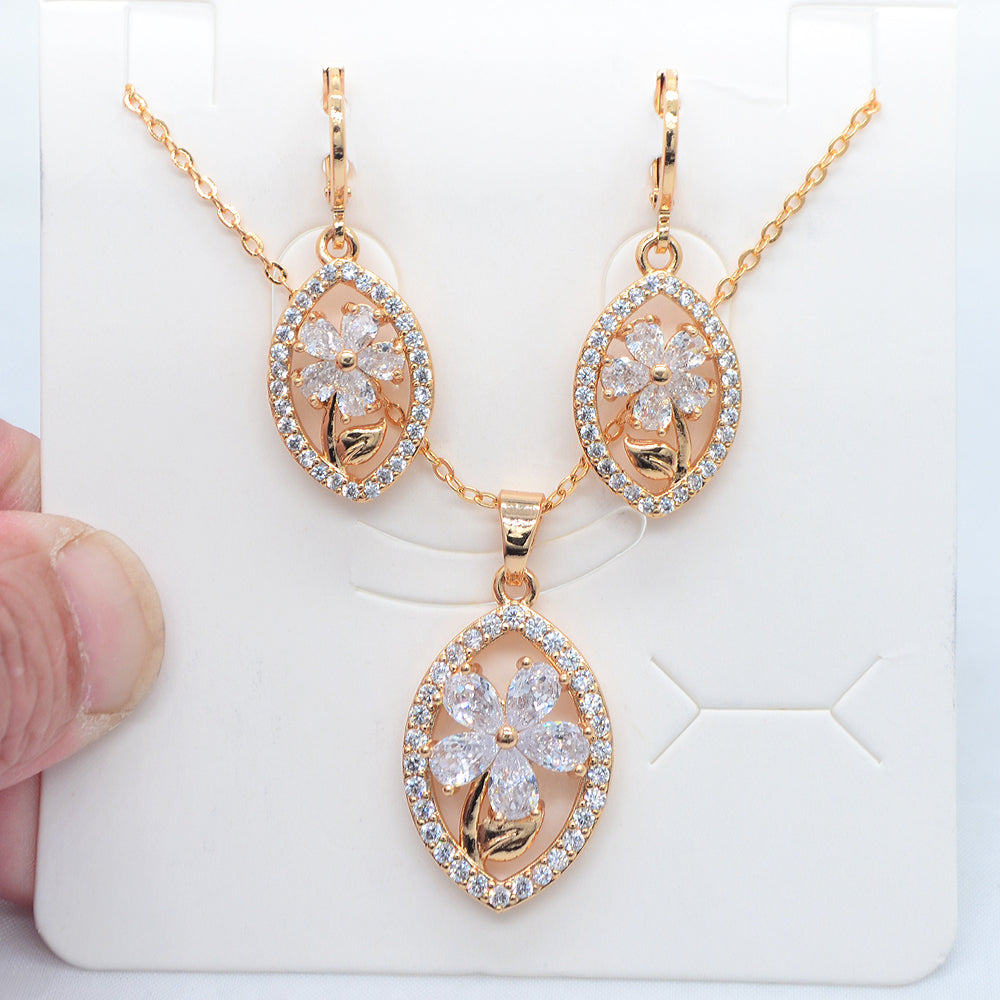 Wholesale Gold Plated Women Multicolor Zircon CZ Oval Flower Wedding Jewelry Set