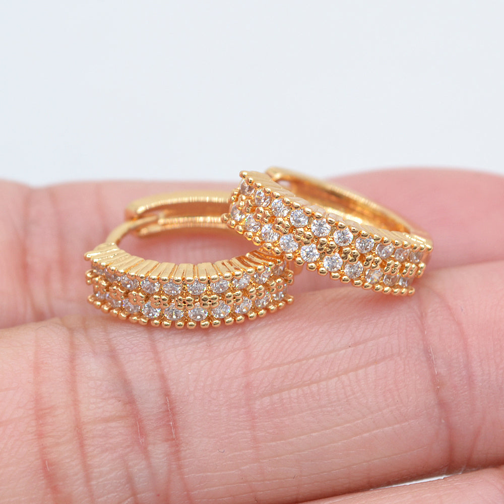 Wholesale Gold Plated Women Fashion Clear Tow Rows Zircon CZ Hoop Huggie Earrings Jewelry