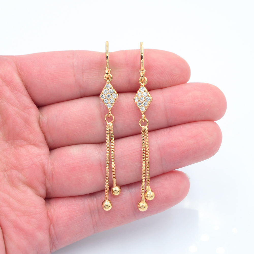 Wholesale Gold Plated Women Clear Zircon CZ Lozenge Tassel Dangle Earrings Jewelry
