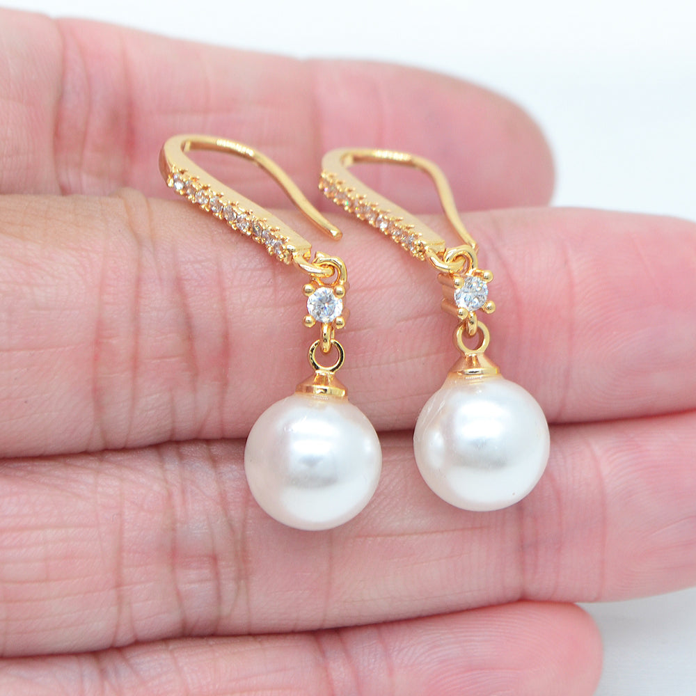 Wholesale Gold Plated Women Clear Zircon White Round Pearl Dangle Earrings Jewelry