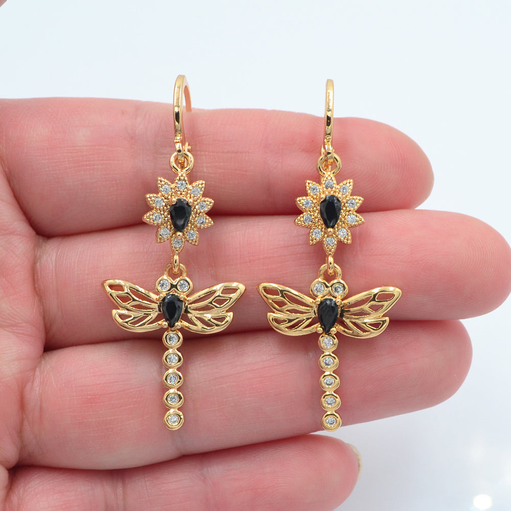 Wholesale Gold Plated Women Pink Zircon CZ Dragonfly Dangle Earrings Jewelry