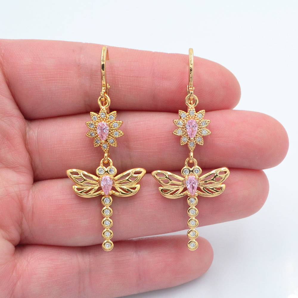 Wholesale Gold Plated Women Pink Zircon CZ Dragonfly Dangle Earrings Jewelry