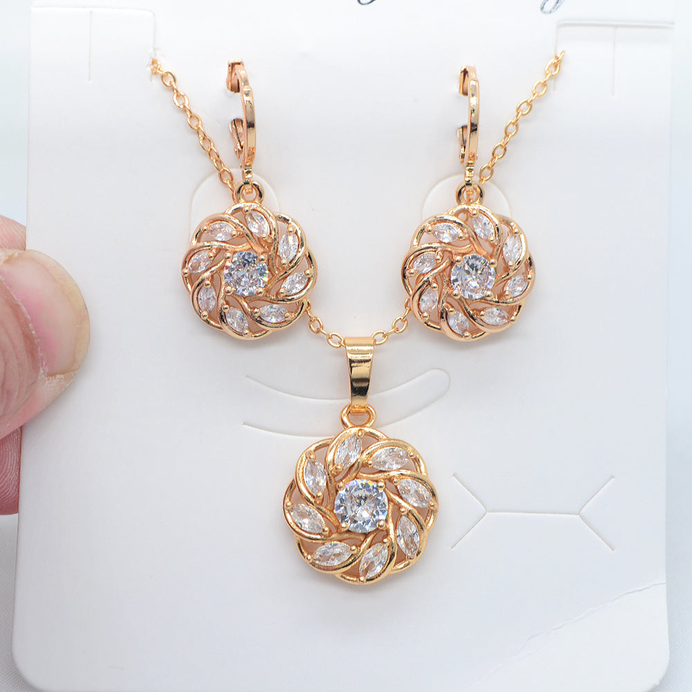 Wholesale Gold Plated Women Fashion Purple Zircon CZ Pinwheel Round Flower Jewelry Set