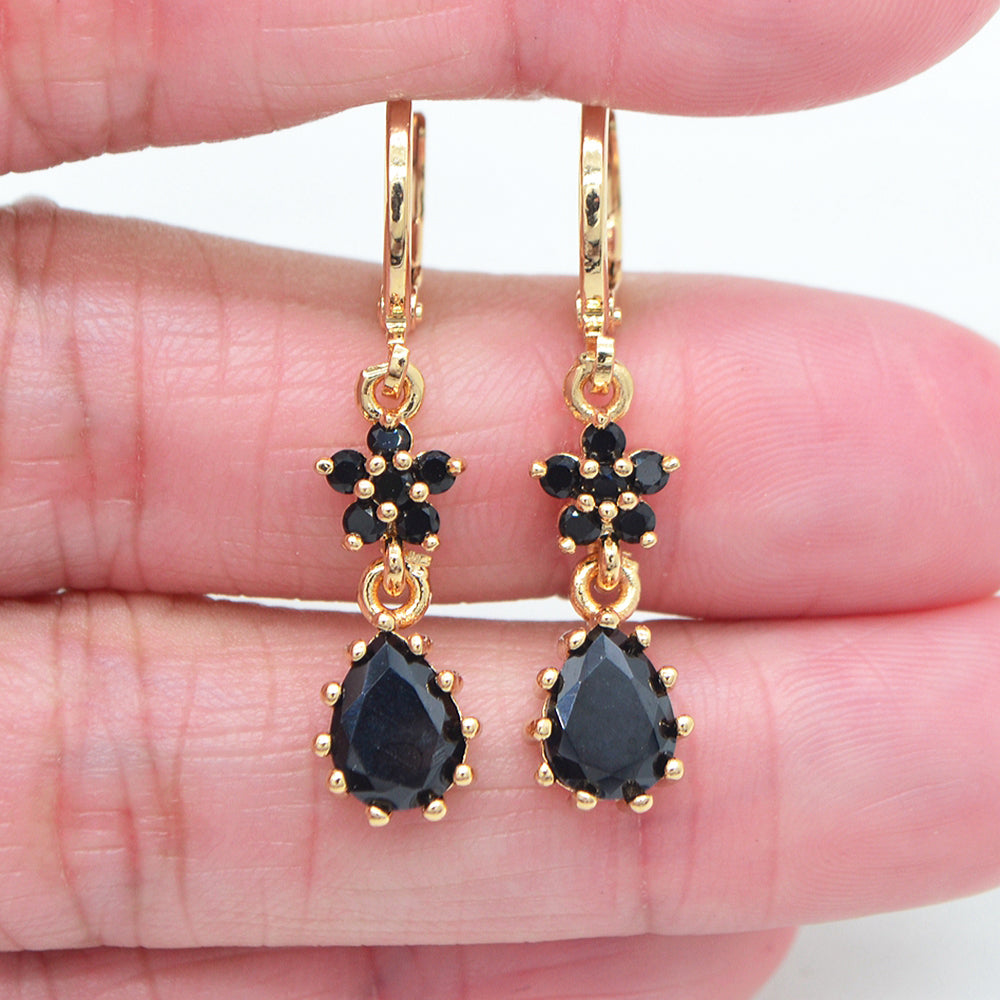 Wholesale Gold Plated Women Black Cubic Zirconia CZ Flower Teardrop Dangle Earrings Jewelry