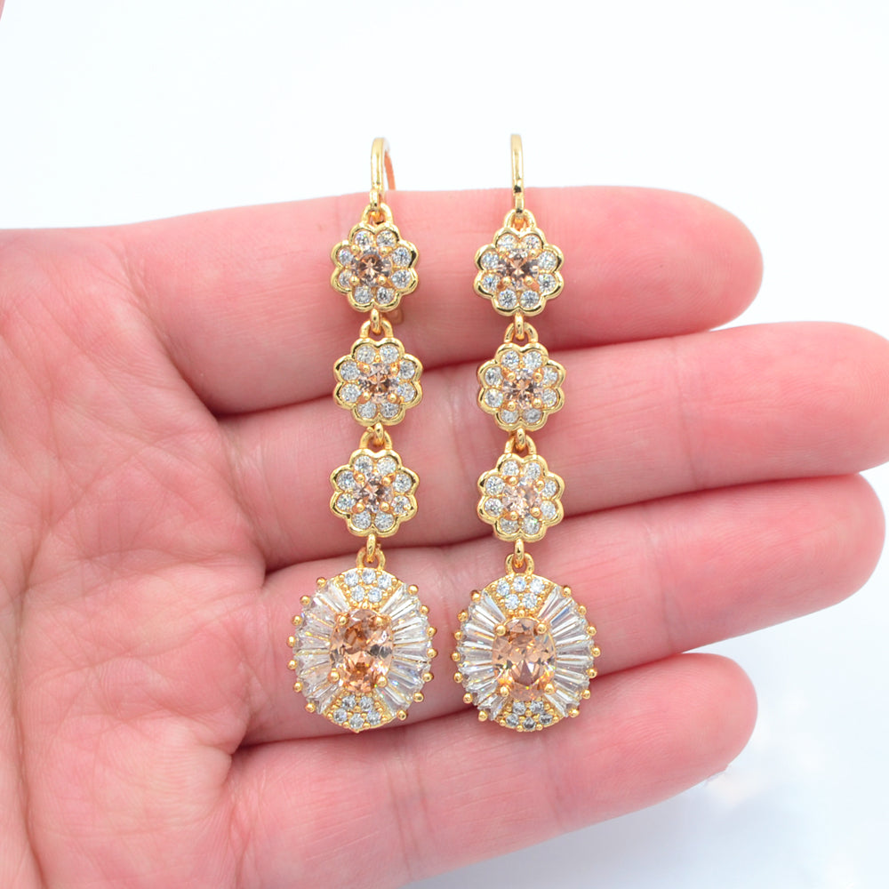 Wholesale Gold Plated Women Luxury Champagne Zircon CZ Flower Oval Dangle Earrings Jewelry
