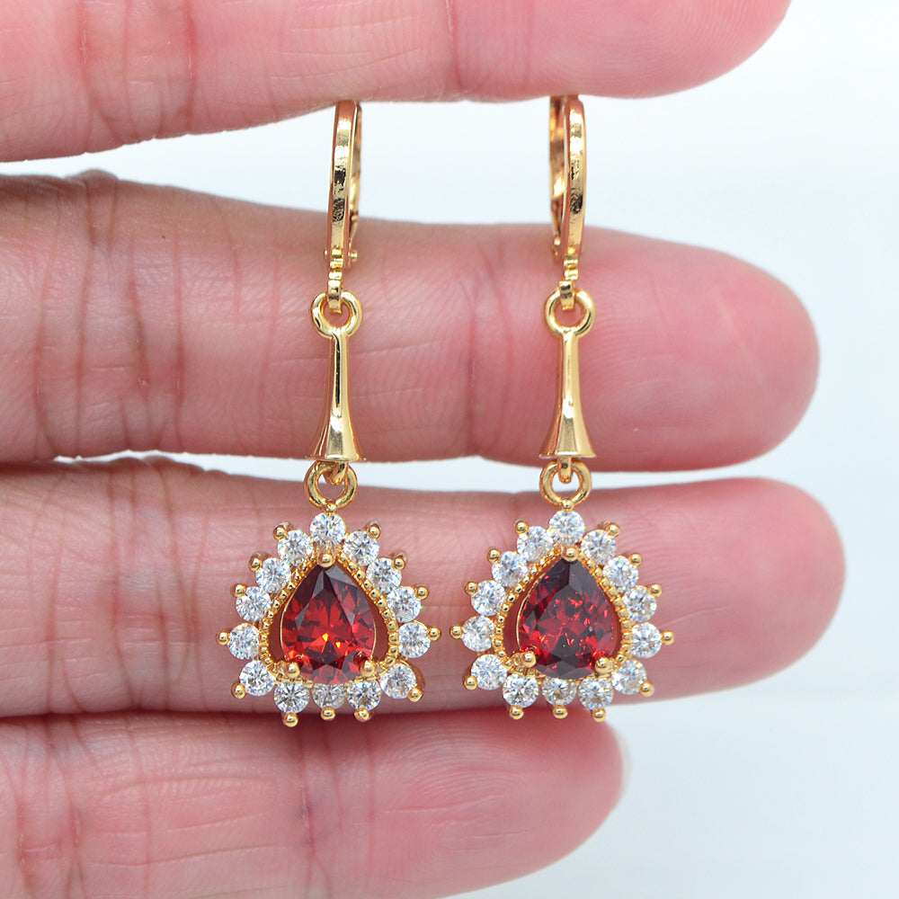 Wholesale Gold Plated Women Pink Zircon CZ Teardrop Dangle Earring Jewelry