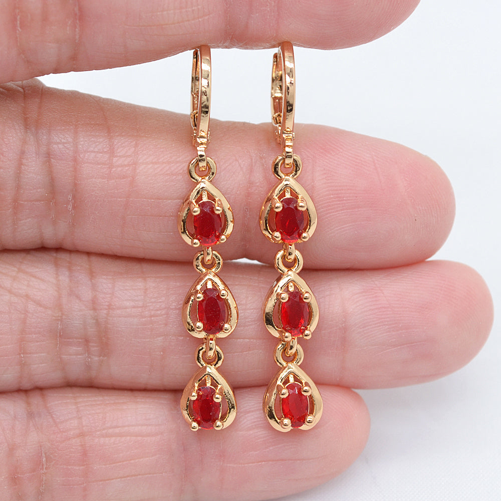 Wholesale Gold Plated Women Red Zircon CZ Teardrop Dangle Earrings Jewelry