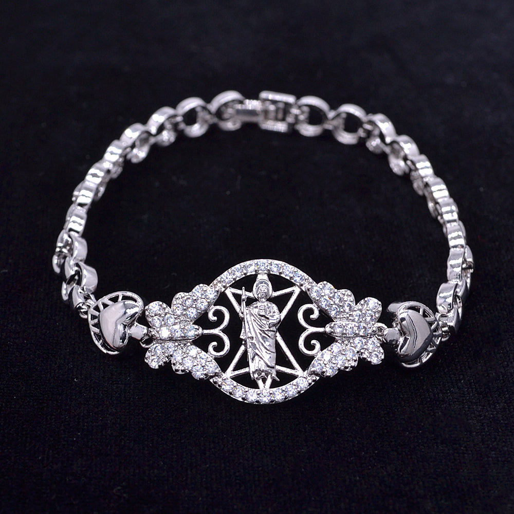 Wholesale White Gold Plated Women Clear Zircon CZ Catholic Saint Jude San Judas Charm Bracelet Jewelry