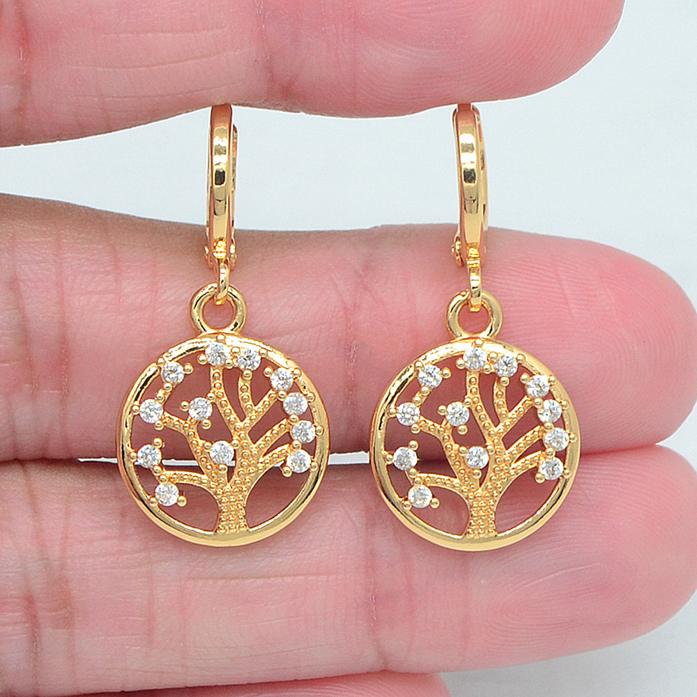 Wholesale Gold Plated Women Clear Zircon CZ Round Tree of Life Dangle Earrings Jewelry