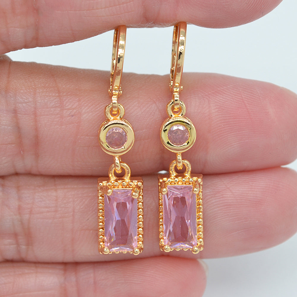 Wholesale Gold Plated Women Pink Zircon CZ Rectangle Dangle Earrings Jewelry