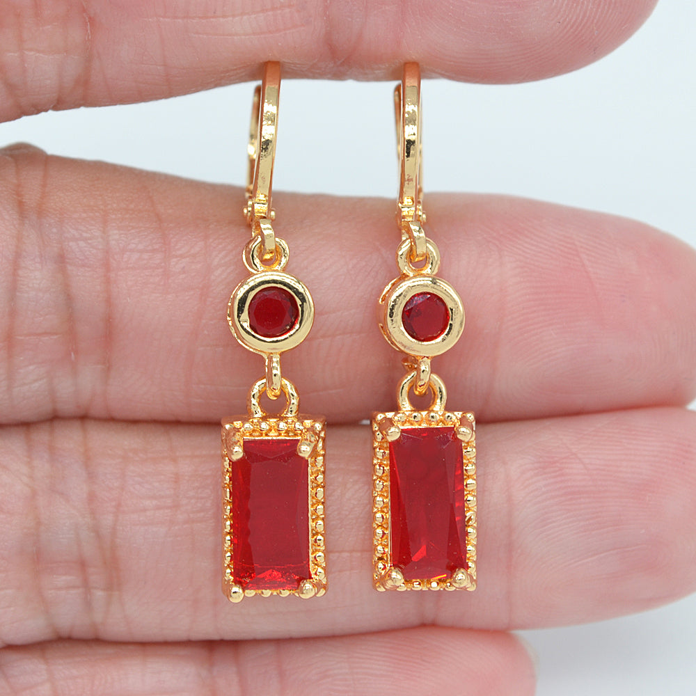 Wholesale Gold Plated Women Pink Zircon CZ Rectangle Dangle Earrings Jewelry