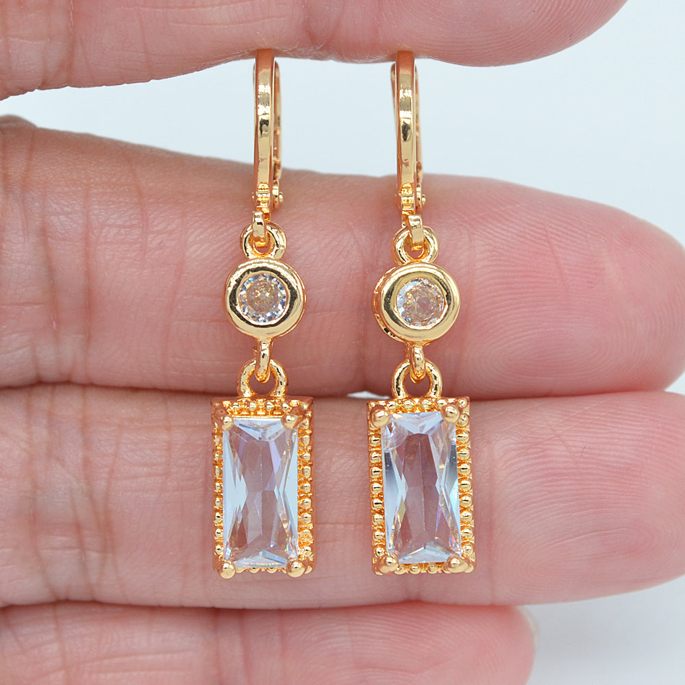 Wholesale Gold Plated Women Pink Zircon CZ Rectangle Dangle Earrings Jewelry