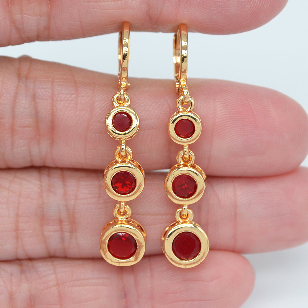 Wholesale Gold Plated Women Fashion Red Zircon CZ Round Dangle Earrings Jewelry