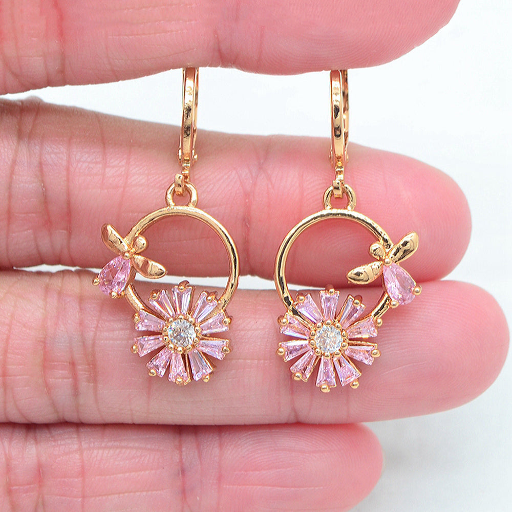 Wholesale Gold Plated Women Pink Cubic Zirconia CZ Flower Bowknot Dangle Earrings Jewelry