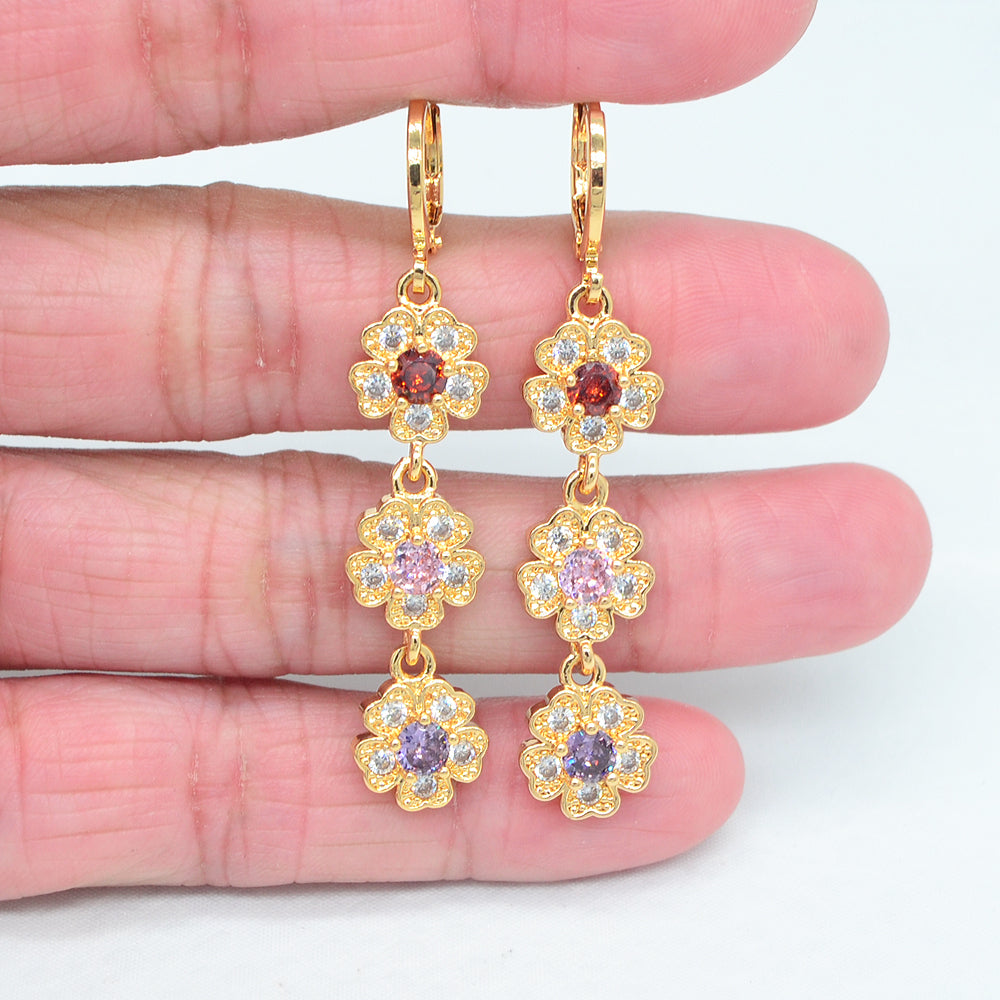 Wholesale Gold Plated Women Multicolor Zircon CZ Flowers Dangle Earrings Jewelry