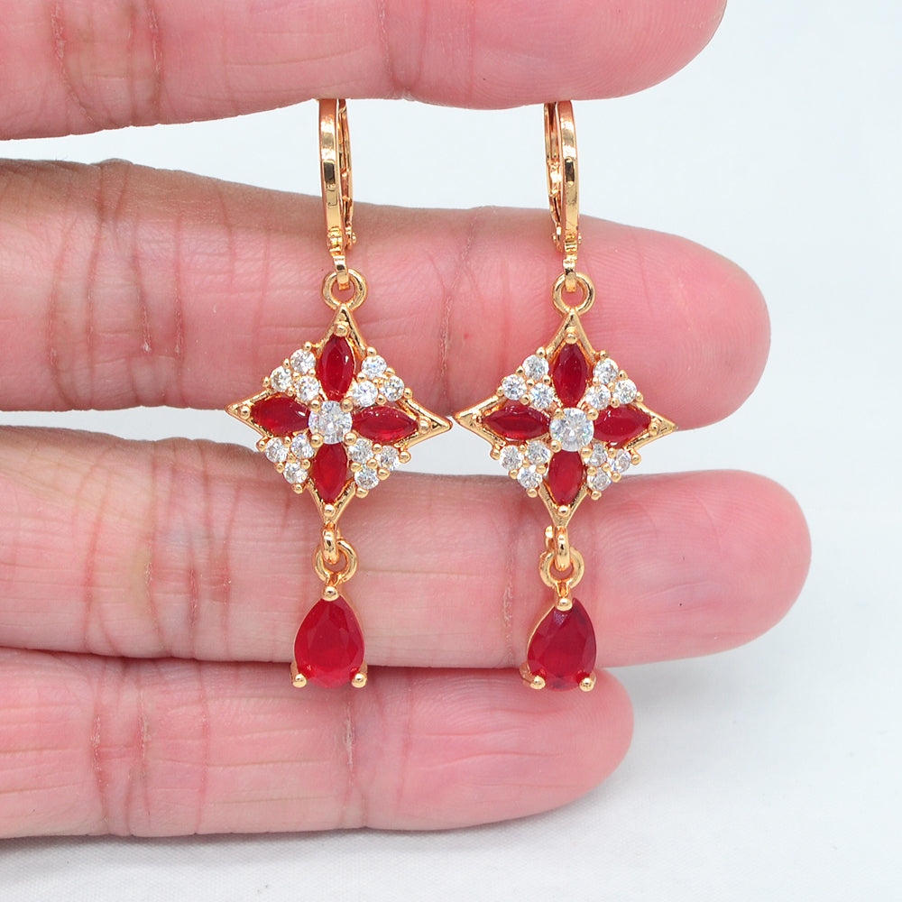 Wholesale Gold Plated Women Red Zircon CZ Square Dangle Earrings Jewelry