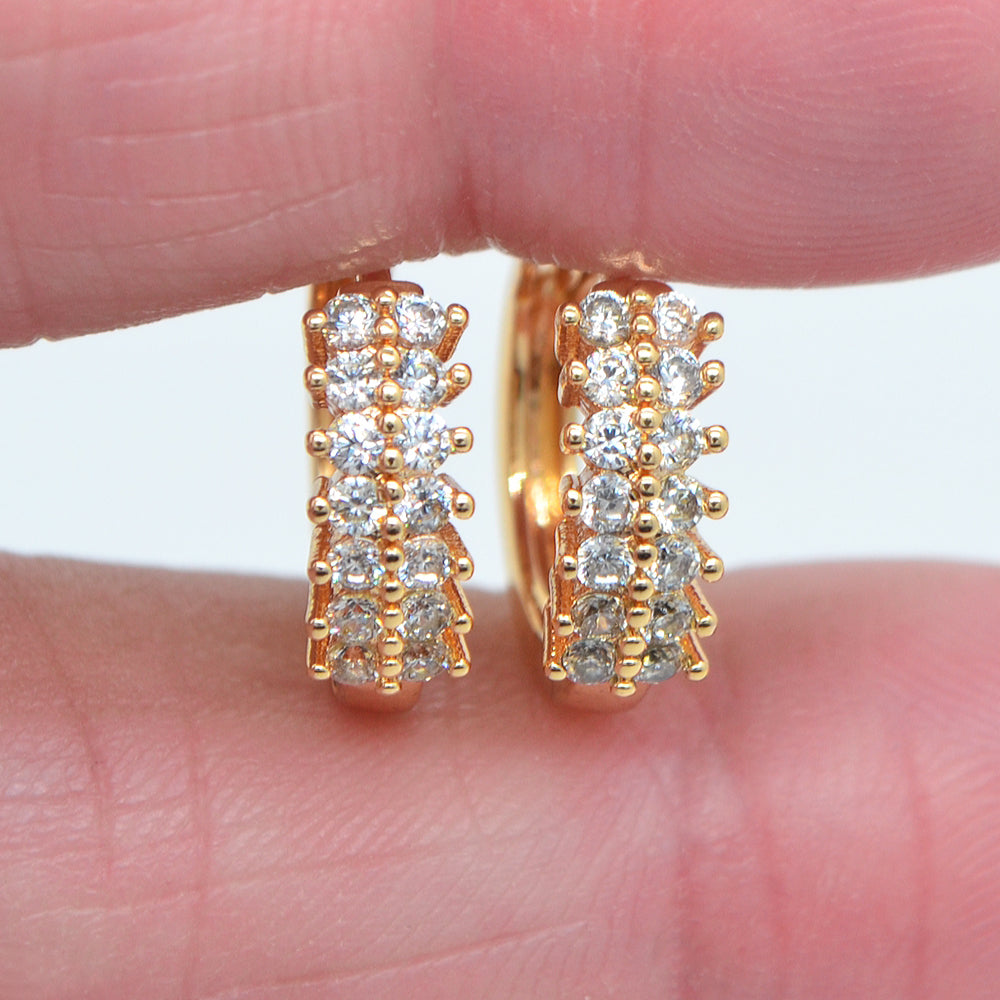 Wholesale Gold Plated Women Two Rows Clear Zircon Huggie Earrings Jewelry