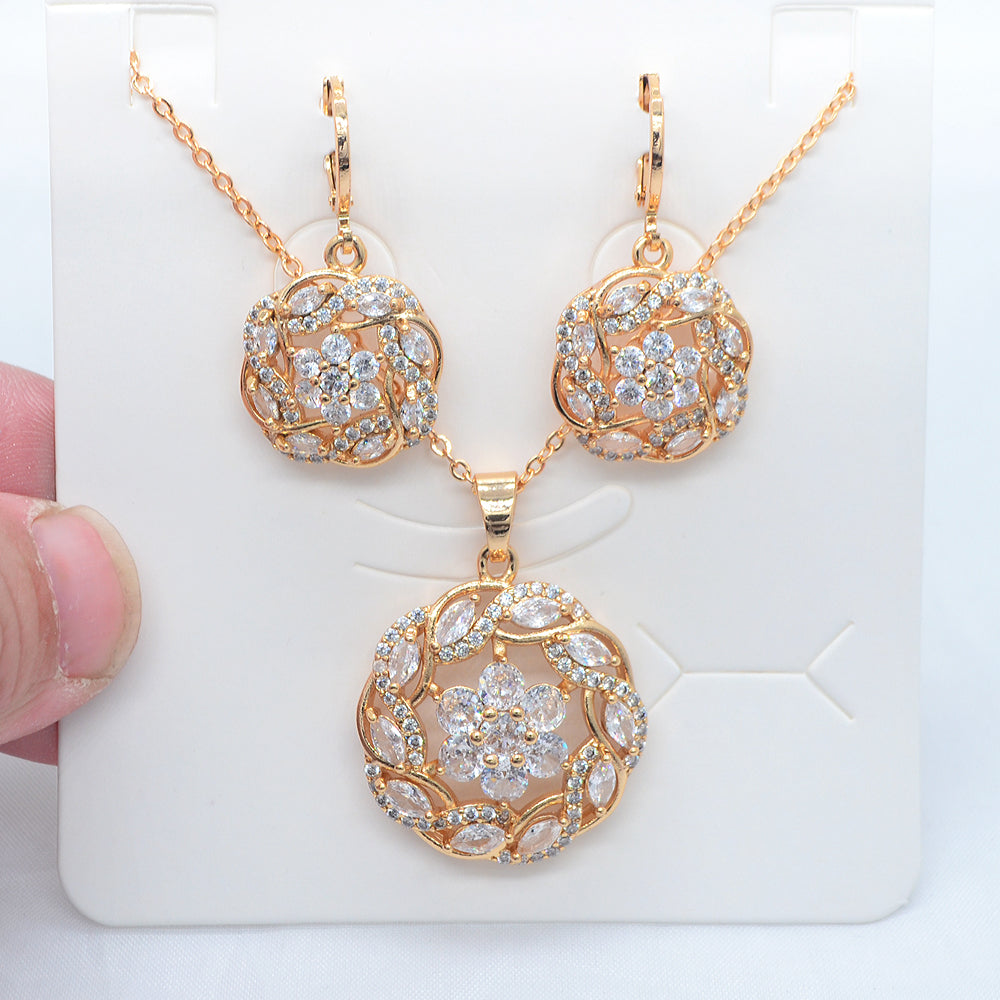 Wholesale Gold Plated Women Clear Zircon CZ Round Graceful Flower Jewelry Set