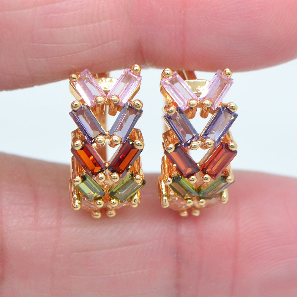 Wholesale Gold Plated Women Multicolor Zircon CZ Baguette Fence Huggie Earrings Jewelry