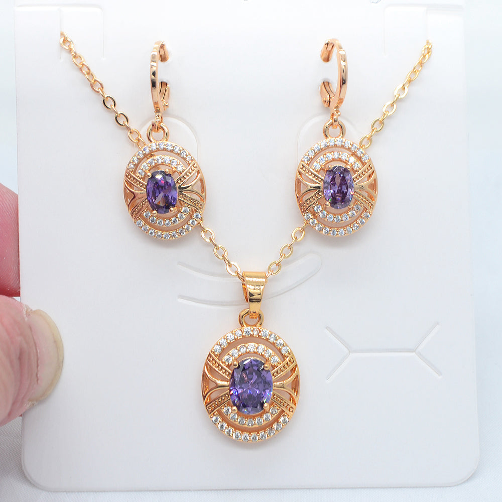 Wholesale Gold Plated Women Red Zircon CZ Oval Design Wedding Jewelry Set