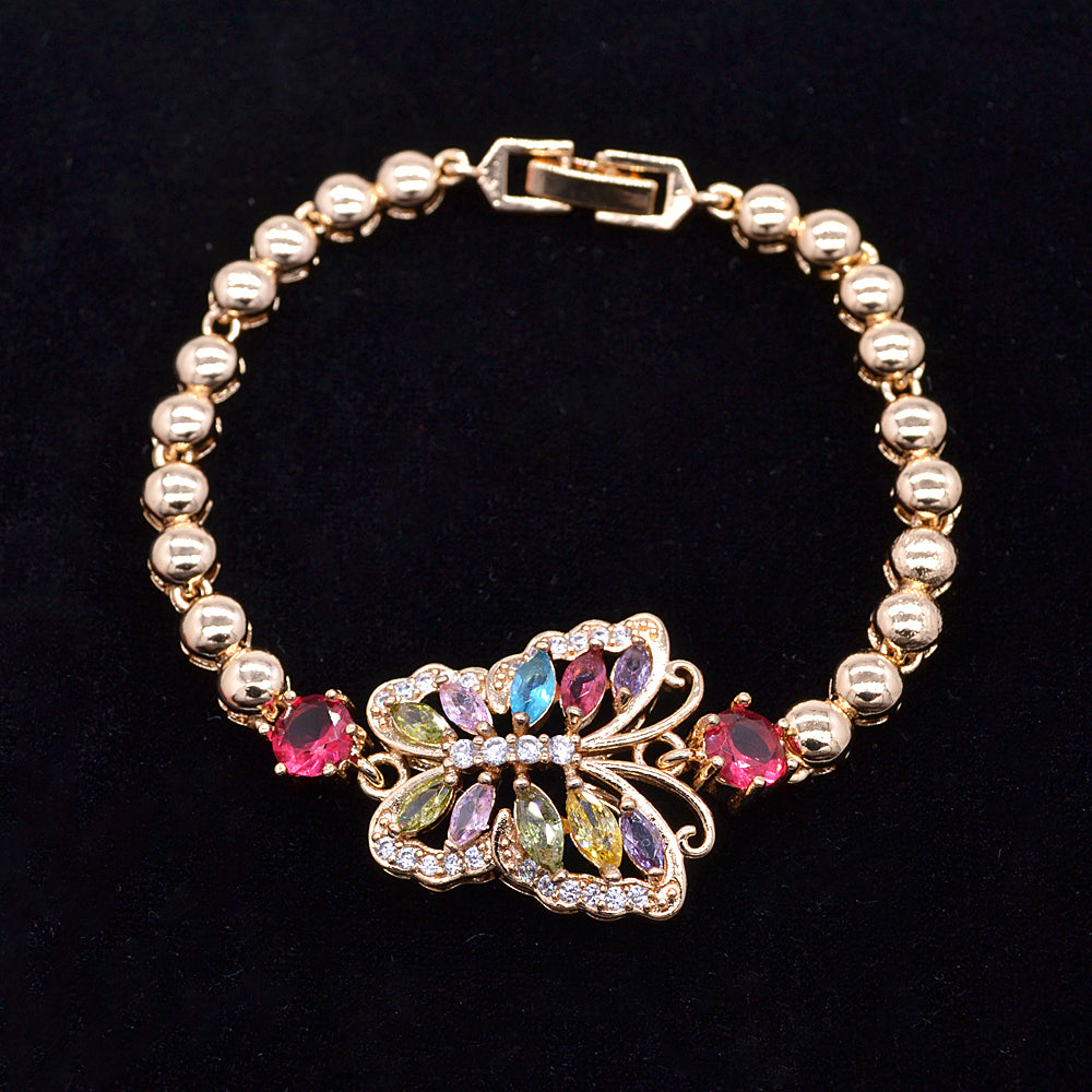 Wholesale Gold Plated Women Multicolor Zircon CZ Butterfly Charm Bracelet Jewelry
