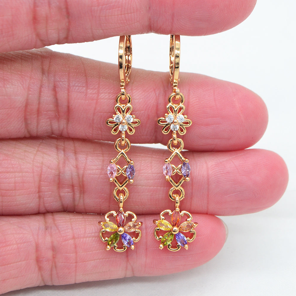 Wholesale Gold Plated Women Clear Cubic Zirconia CZ Flower Dangle Earrings Jewelry