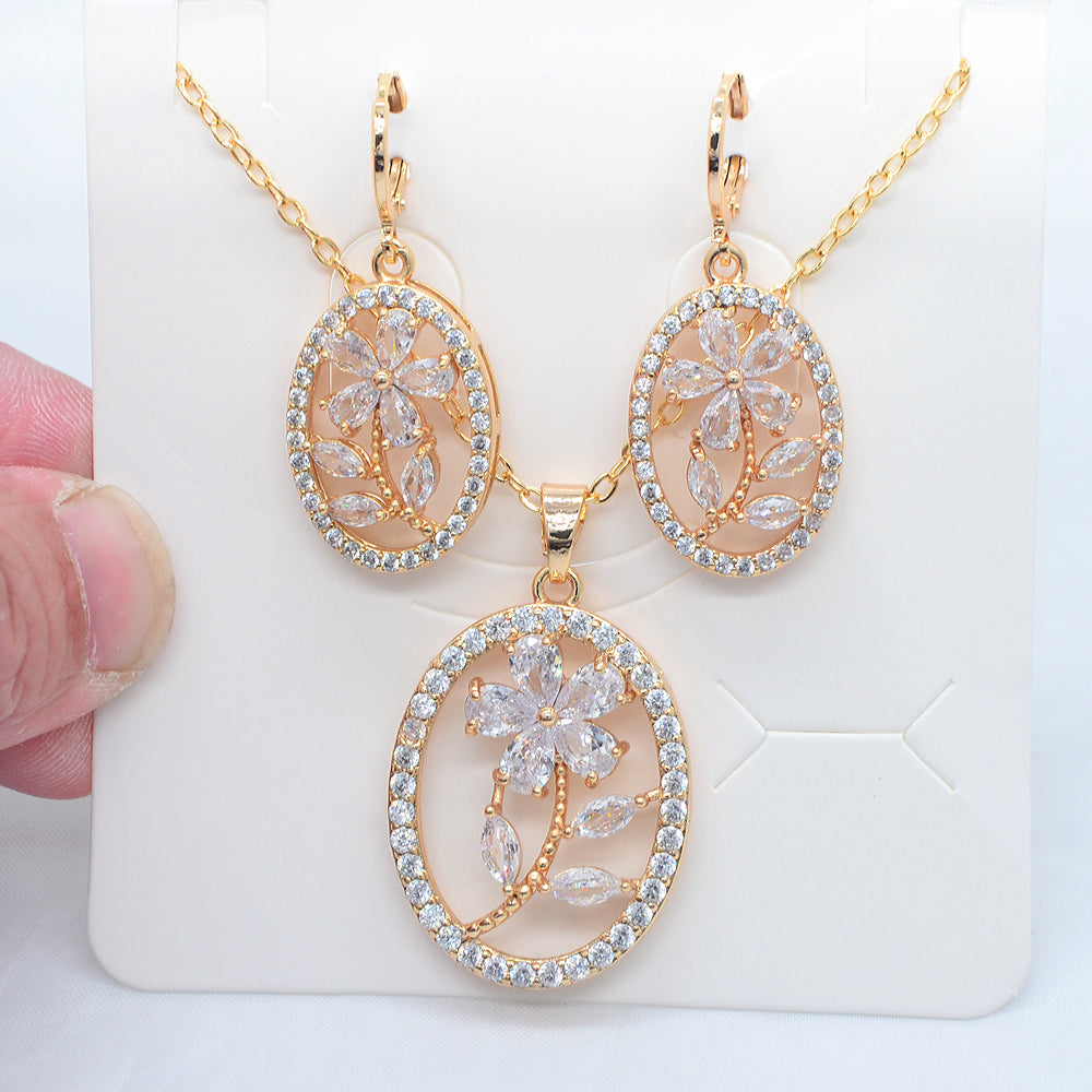 Wholesale Gold Plated Women Fashion Clear Zircon CZ Oval Flower Wedding Jewelry Set