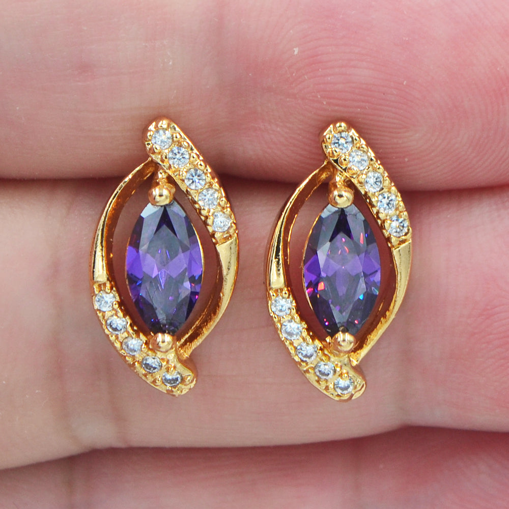 Wholesale Gold Plated Women Purple Zircon CZ Marquise Stud Earrings Jewelry
