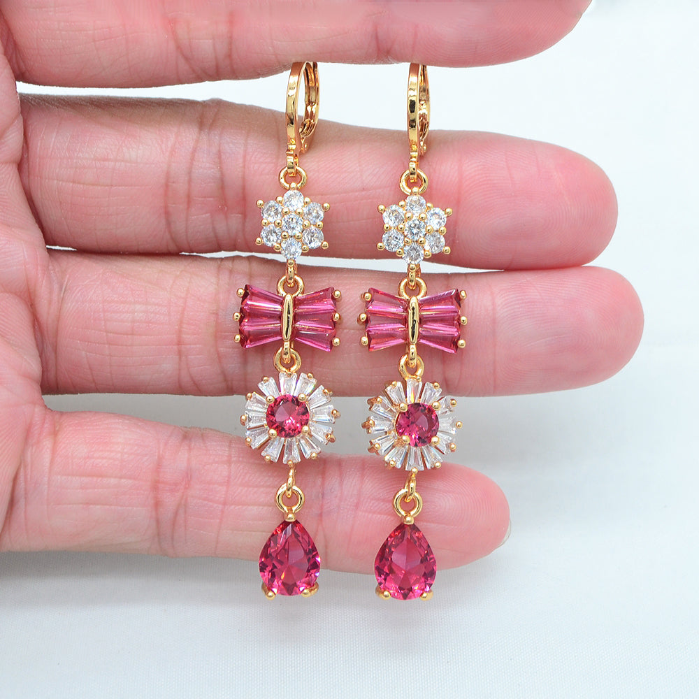 Wholesale Gold Plated Women Rose Red Zircon CZ Luxury Long Bowknot Dangle Earrings Jewelry