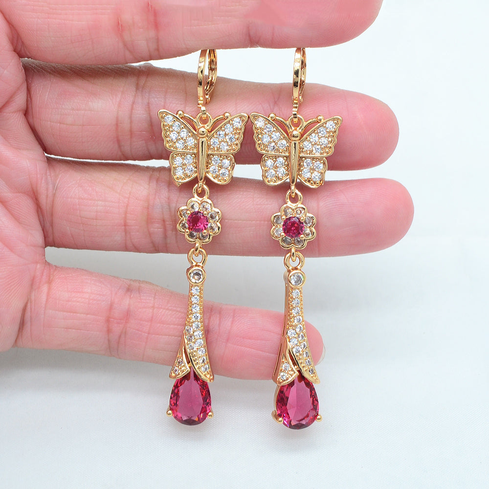 Wholesale Gold Plated Women Rose Red Zircon CZ Long Butterfly Teardrop Dangle Earrings Jewelry