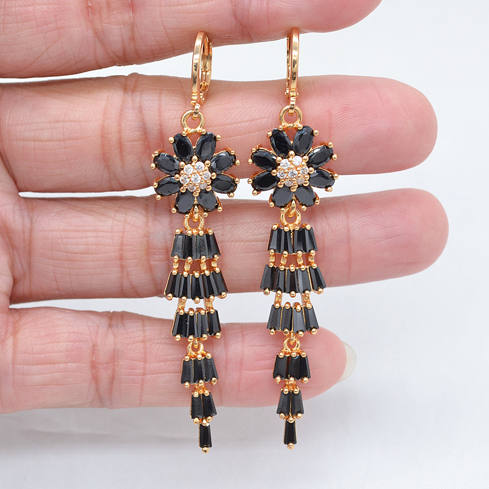 Wholesale Gold Plated Women Luxury Green Zircon CZ Long Flower Chandelier Dangle Earrings Jewelry