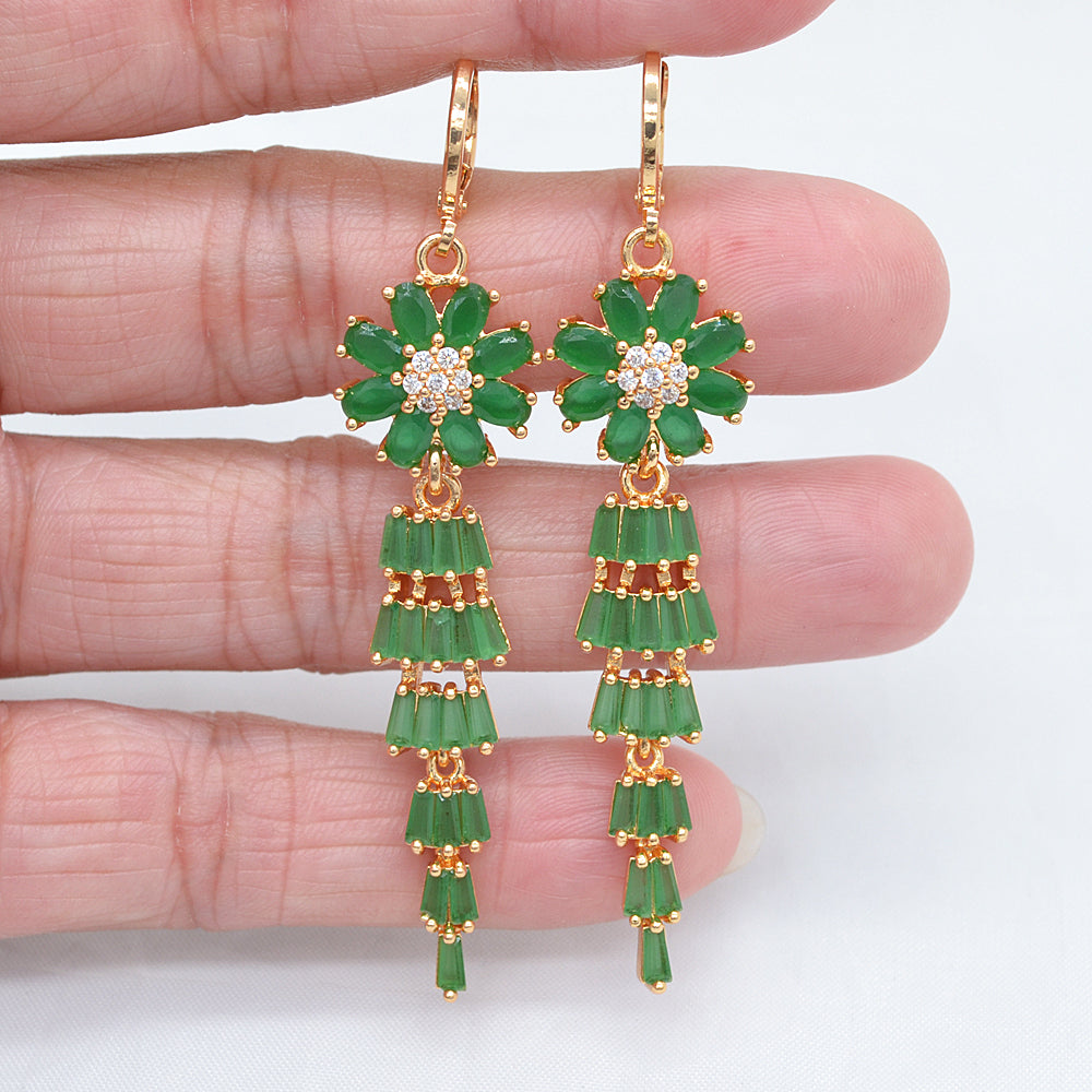 Wholesale Gold Plated Women Luxury Green Zircon CZ Long Flower Chandelier Dangle Earrings Jewelry