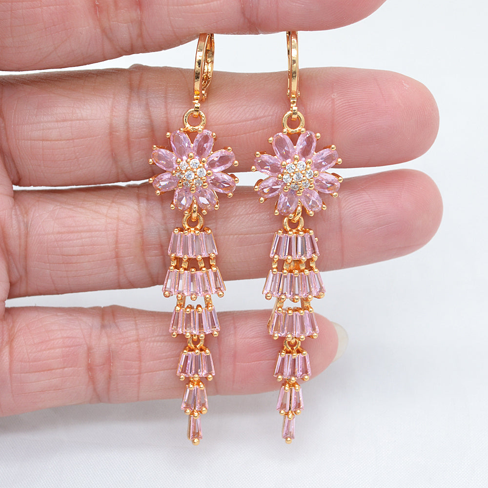Wholesale Gold Plated Women Luxury Green Zircon CZ Long Flower Chandelier Dangle Earrings Jewelry