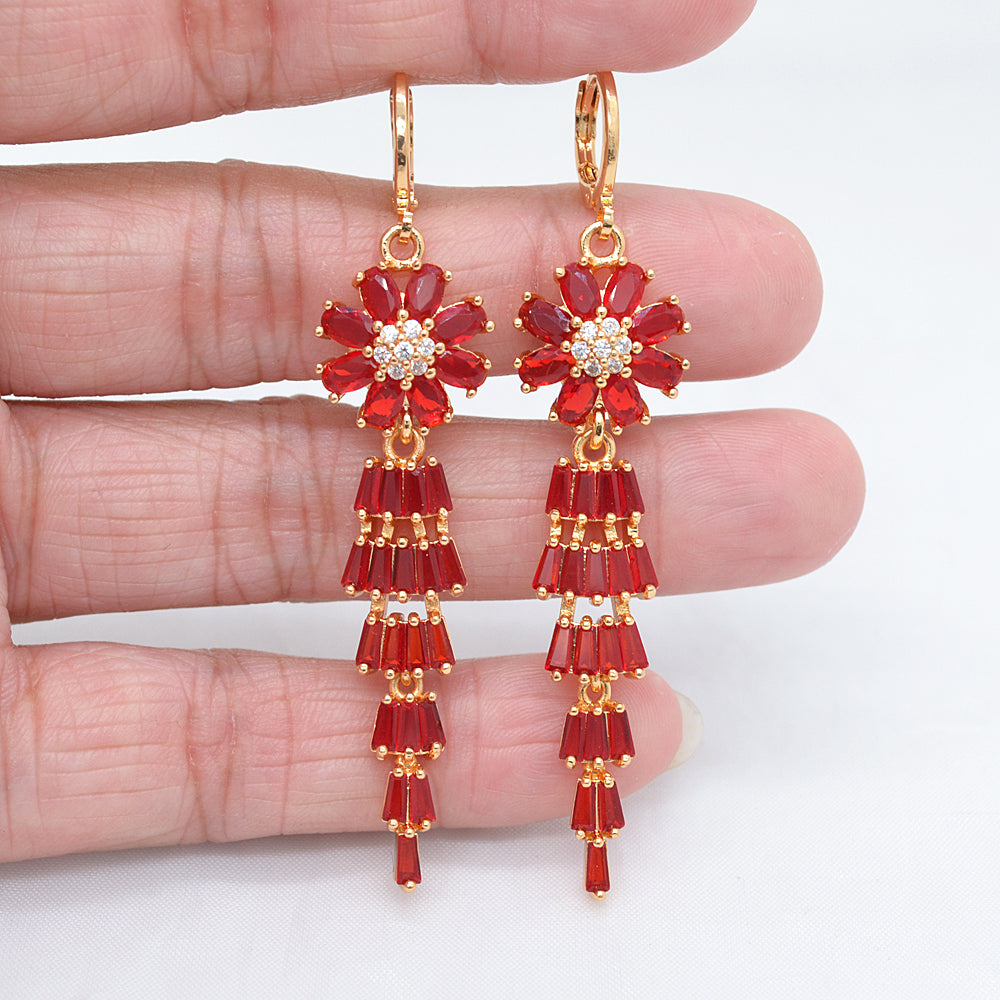 Wholesale Gold Plated Women Luxury Green Zircon CZ Long Flower Chandelier Dangle Earrings Jewelry