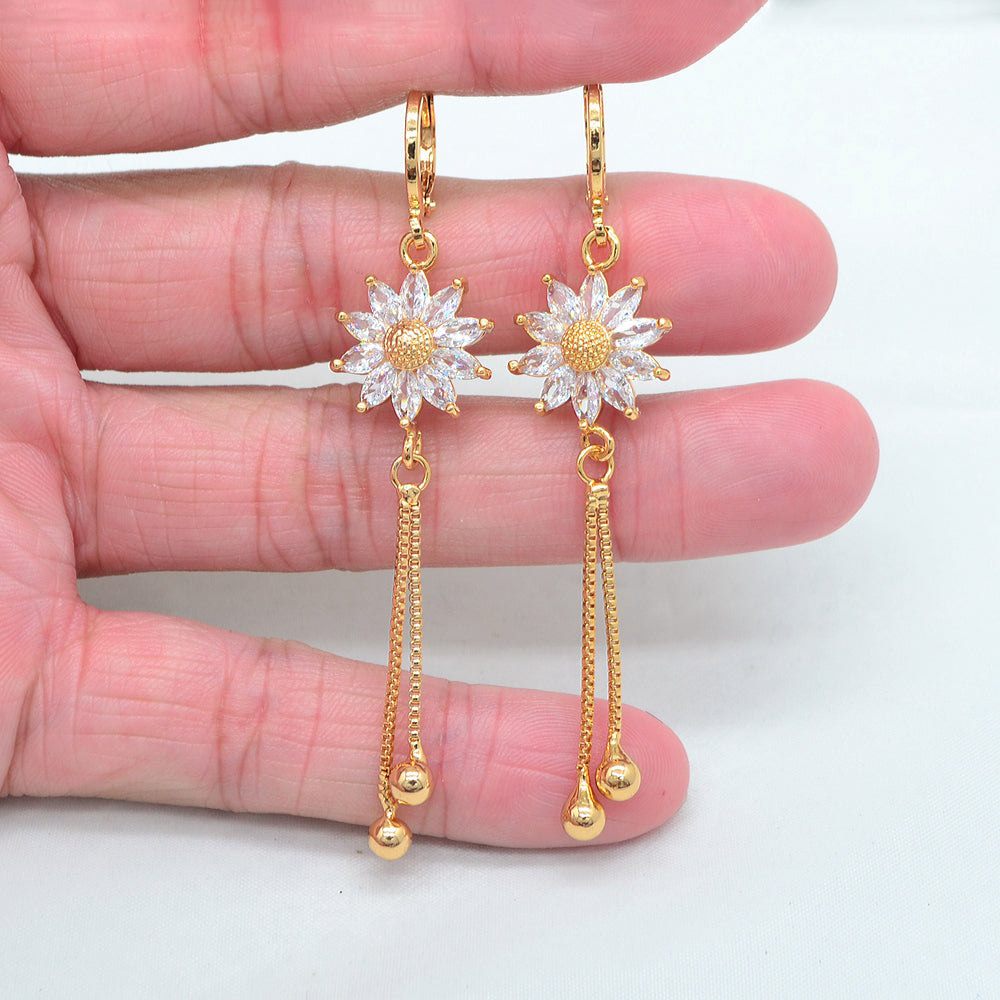 Wholesale Gold Plated Women Clear Cubic Zirconia CZ Sunflower Tassel Dangle Earrings Jewelry