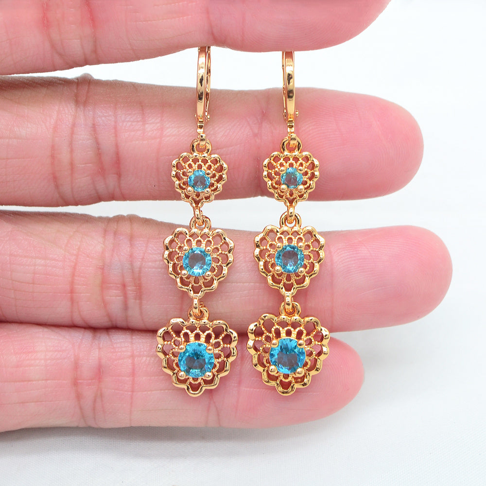 Wholesale Gold Plated Women Lake Blue Zircon CZ Love Hearts Dangle Earrings Jewelry