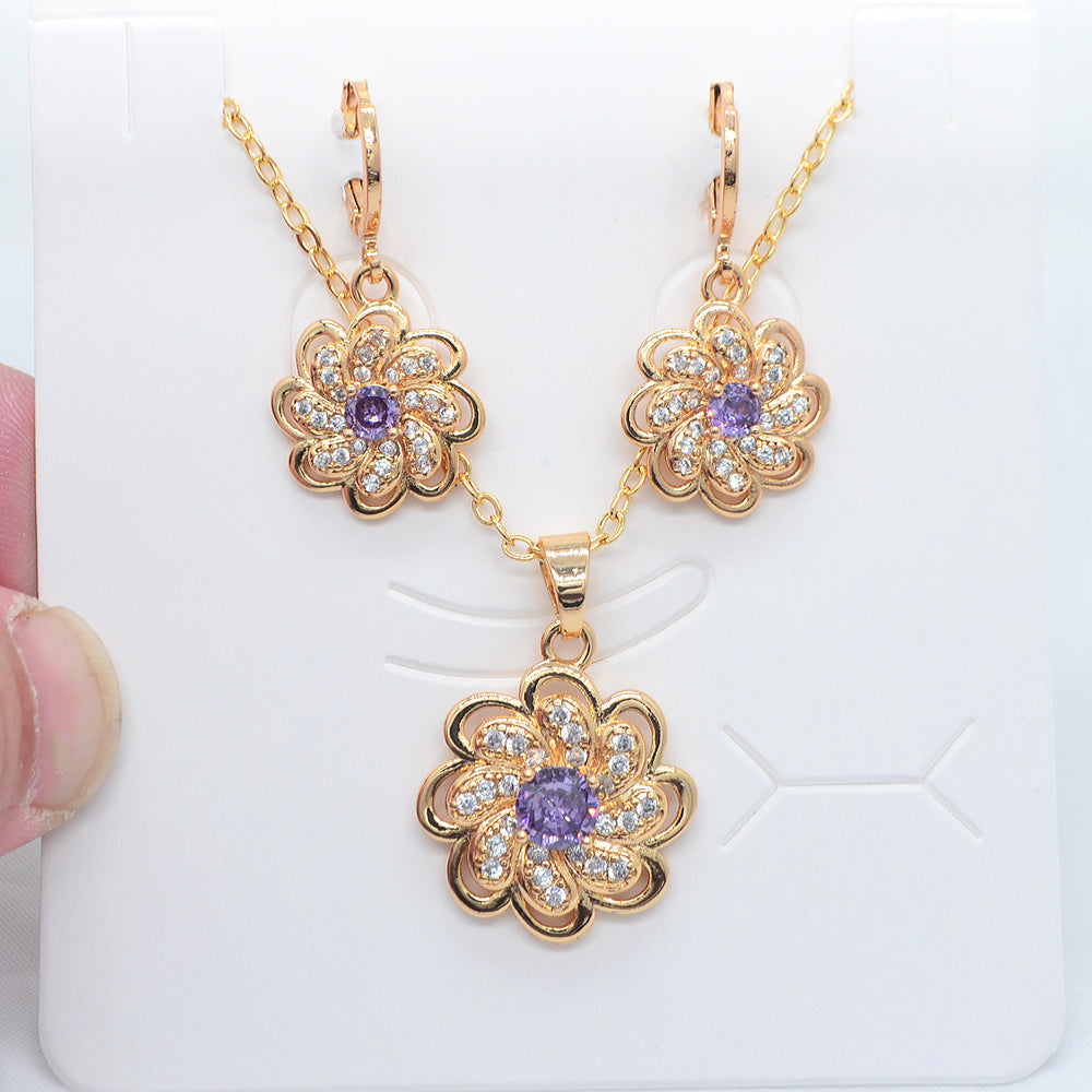 Wholesale Gold Plated Women Red Zircon CZ Flower Wedding Jewelry Set