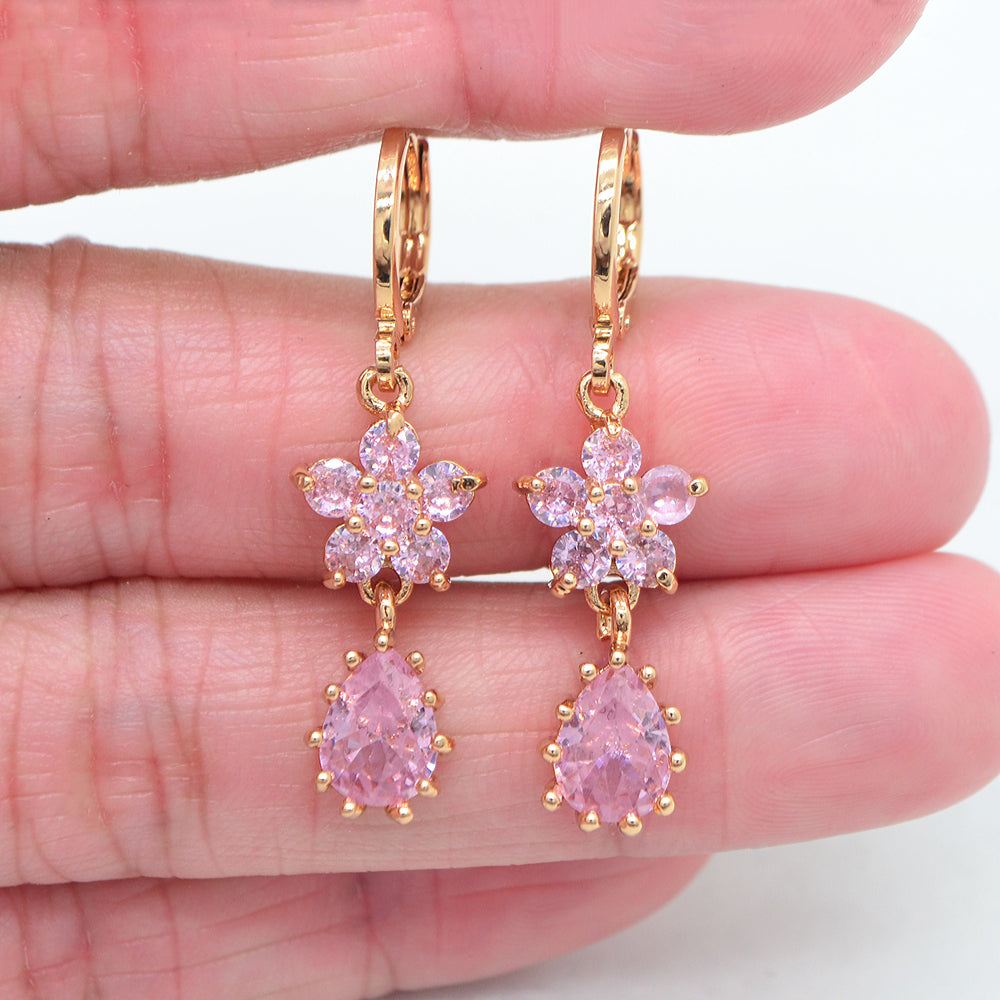 Wholesale Gold Plated Women Pink Cubic Zirconia CZ Flower Teardrop Dangle Earrings Jewelry