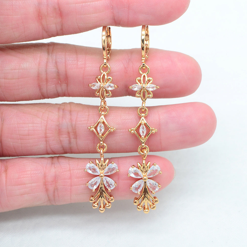 Wholesale Gold Plated Women Clear Zircon CZ Long Flower Butterfly Dangle Earrings Jewelry