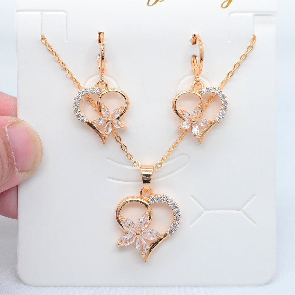 Wholesale Gold Plated Women Fashion Multicolor Zircon CZ Flower Heart Jewelry Set