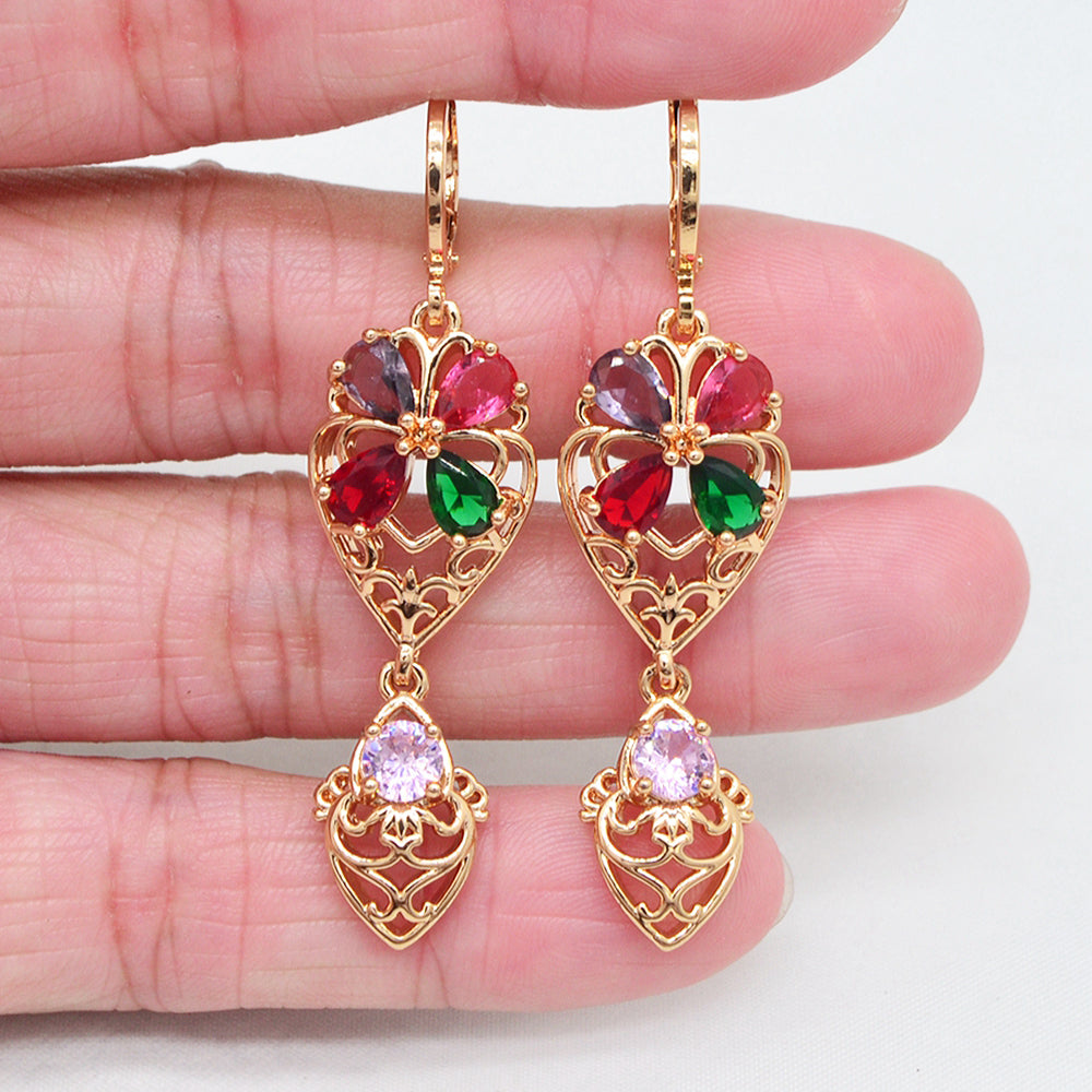 Wholesale Gold Plated Women Multicolor Zircon CZ Flower Wedding Dangle Earrings Jewelry