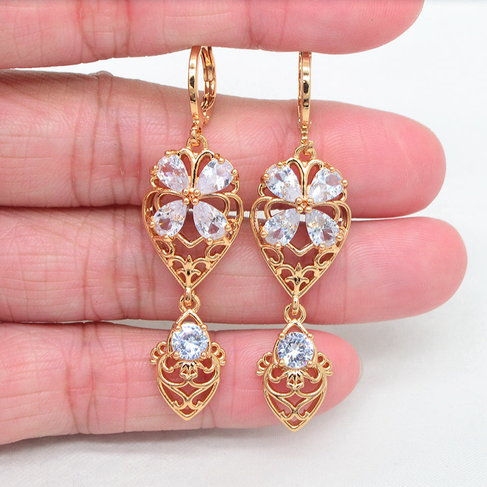 Wholesale Gold Plated Women Multicolor Zircon CZ Flower Wedding Dangle Earrings Jewelry