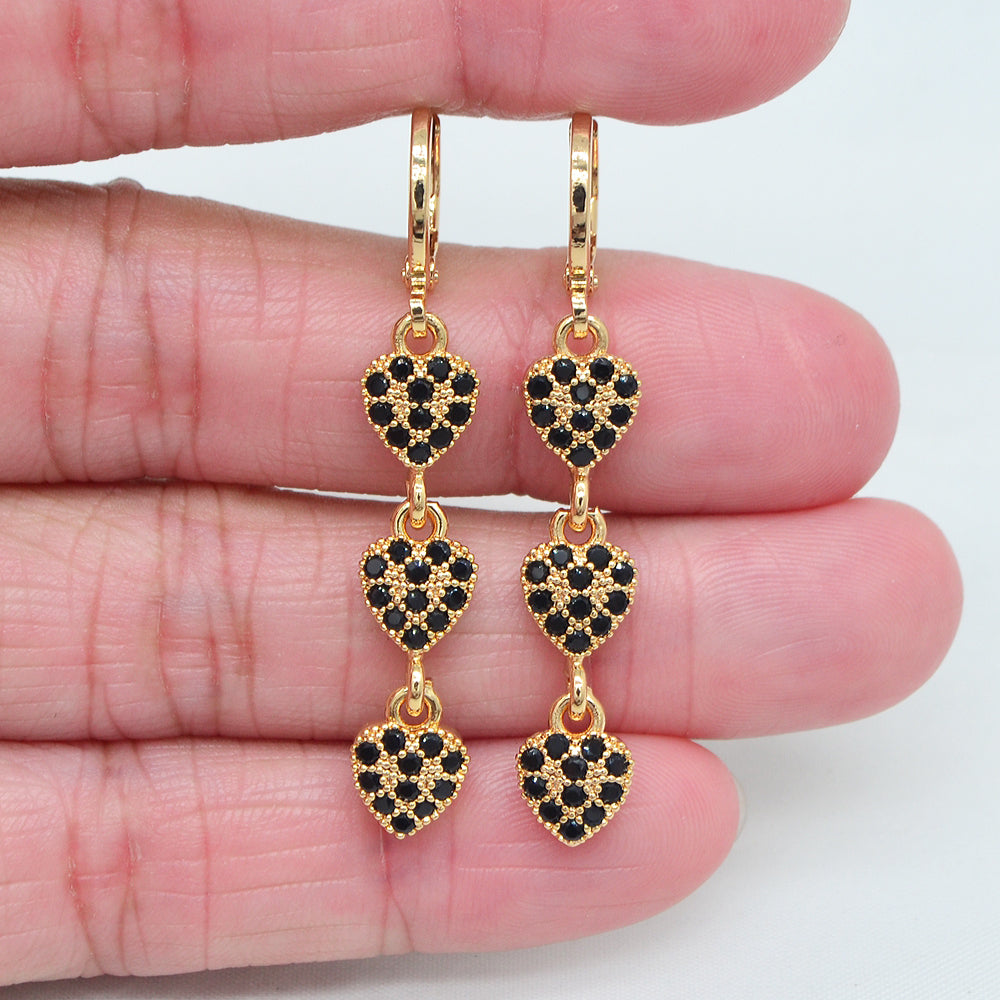 Wholesale Gold Plated Women Black Zircon CZ Love Hearts Dangle Earrings Jewelry
