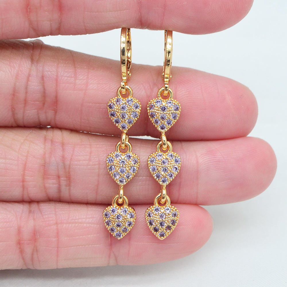 Wholesale Gold Plated Women Black Zircon CZ Love Hearts Dangle Earrings Jewelry